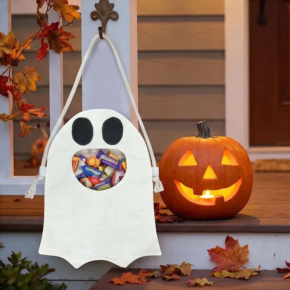 1-10PCS Halloween Ghost Pattern Non Woven Treat Bags with Handles for Kids Trick or Treat Party Favor Candy Goodie Tote