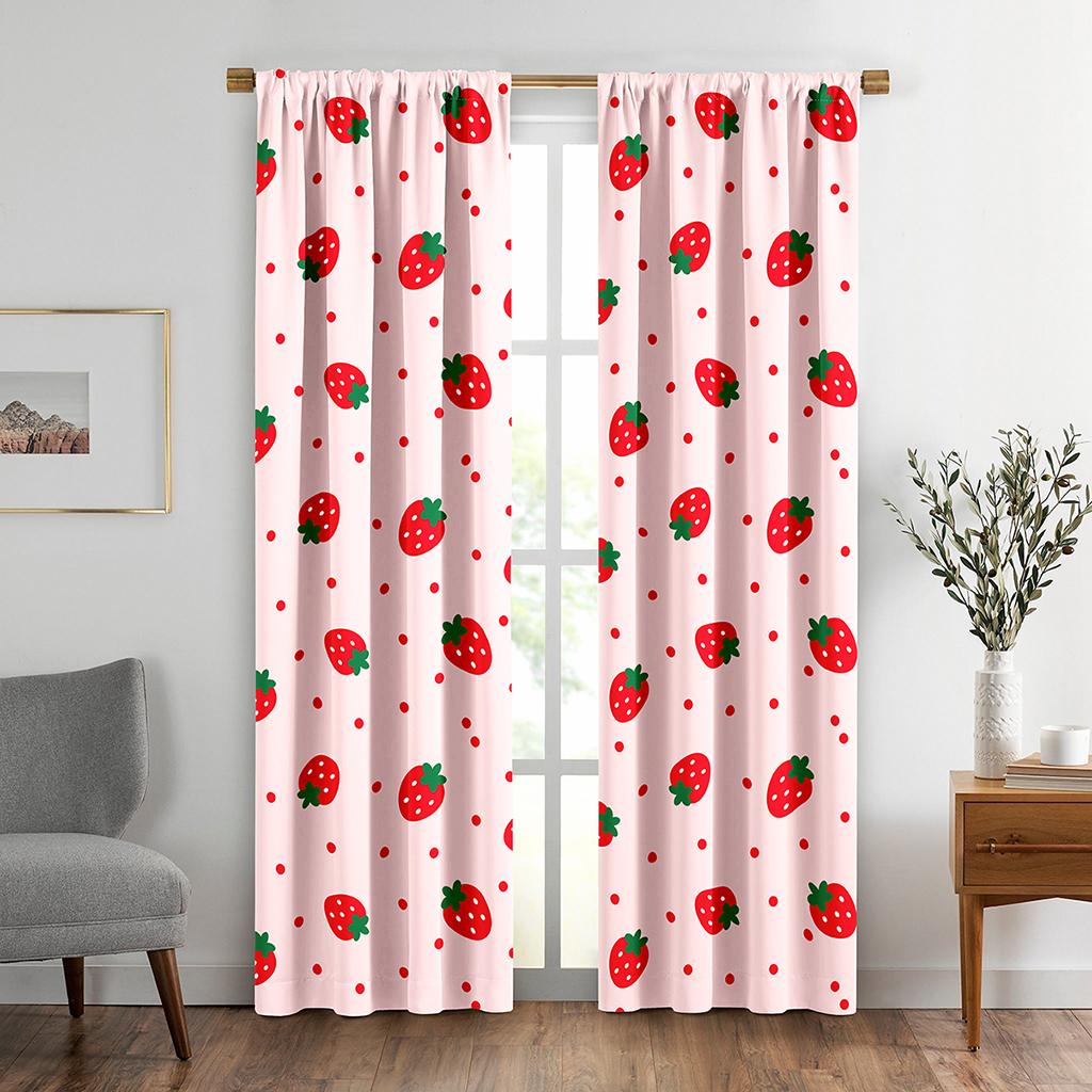 1Set/2Pcs Strawberry Curtain for Bedroom Living Room Girls Pink Cute Fruit Print Curtain Kawaii Room Decor Strawberries Window D