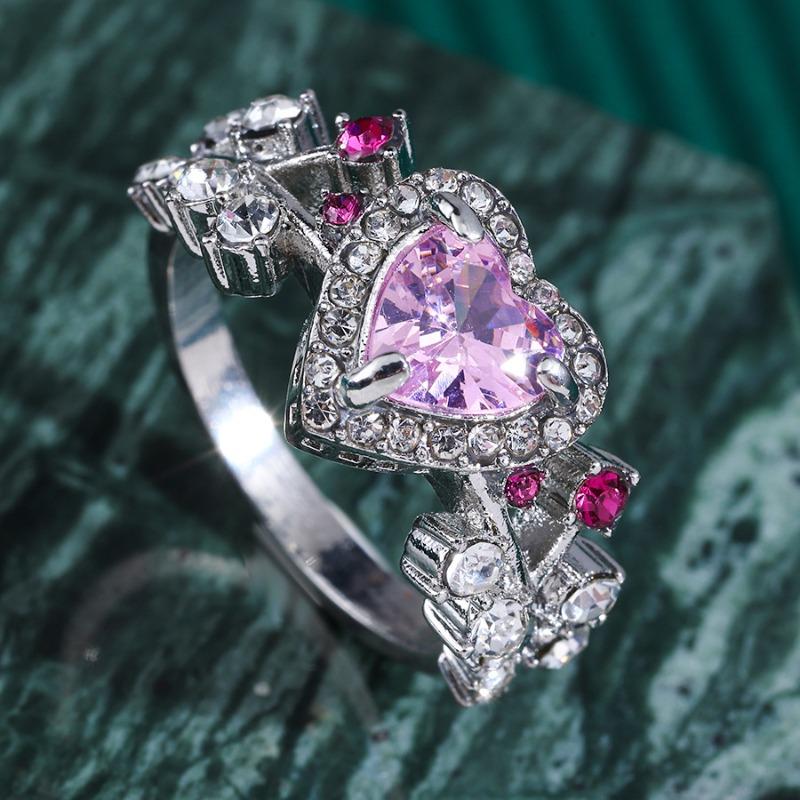 

Luxury Heart Shaped Pink Sapphire Engagement Ring for Women Halo Paved Branch Design Copper Tone Statement Zircon for Proposal 9 мідний