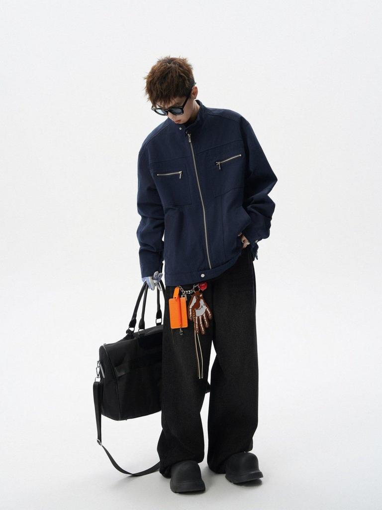 Men's Retro Canvas Patchwork Jacket - American Style Stand-Up Collar Casual Outerwear