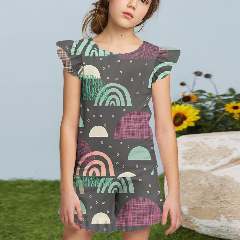 Summer Girls Cute Suit Flying Sleeves T-shirt Top + Ruffled Shorts Daily Outdoor Wear Cute Casual Fashion 2-Piece Set