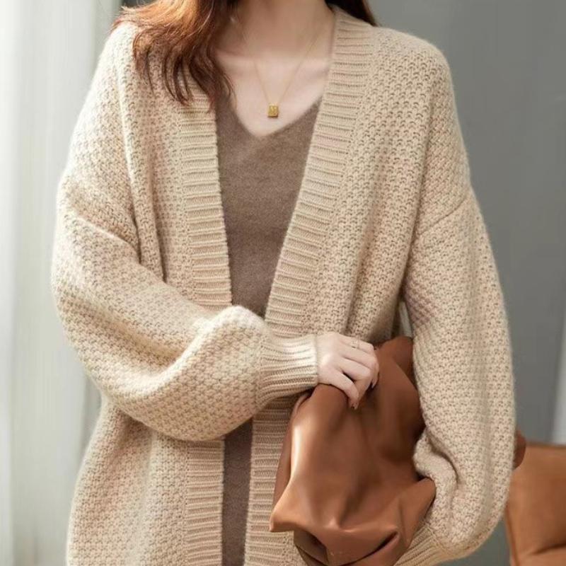 

Французское винтажное пальто средней длины Осень Зима Объемный свободный кардиган свитер для通勤 для женщин One Size