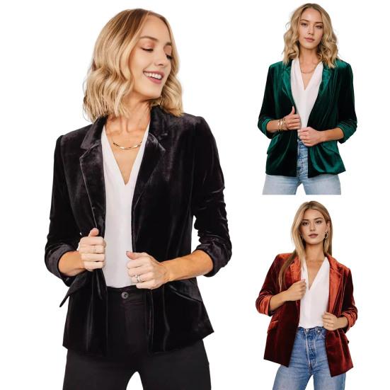 Women's Velvet Blazer Ruched 45720 Sleeve Lapel Open Front Cardigan