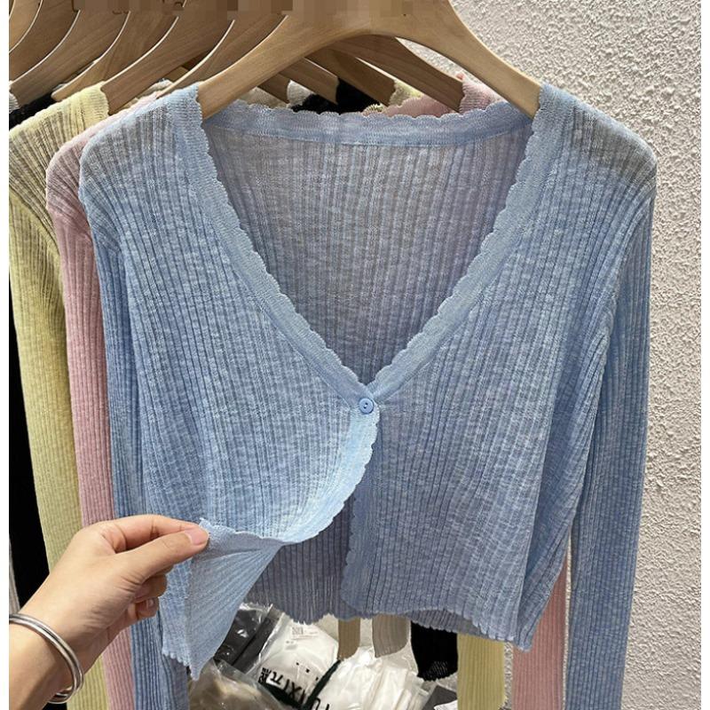 Knitted Cardigan Women's Summer Thin, Short Top, Air-conditioned Shirt, Shawl, Ice Silk Long-sleeved Sunscreen Jacket