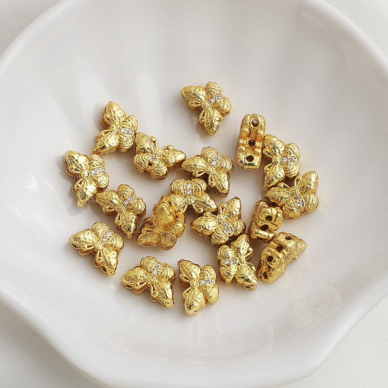 14K Gold-Filled Zirconia Bear Beads with Engraved Butterfly Crystal for DIY Jewelry.