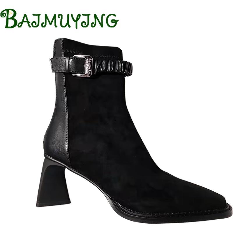 High Heels Square Toe Ankle Boots Women Shoes 2025 Trend Fashion Zipper Mature Office Boots New Elegant Pumps Prom Mujer Botas