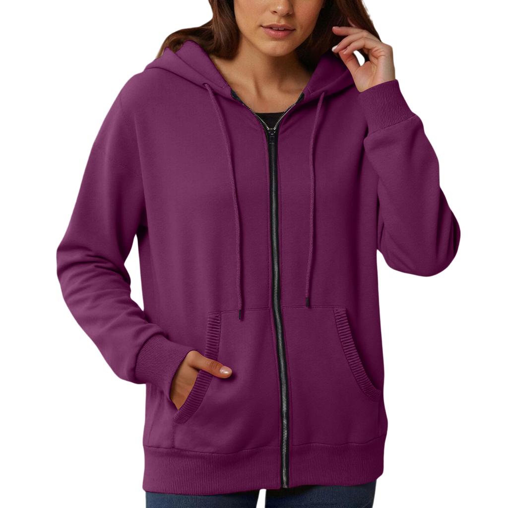 Women's Loose And Comfortable Zipper V-neck Long Sleeved Solid Color Pullover Sweatshirt Jacket