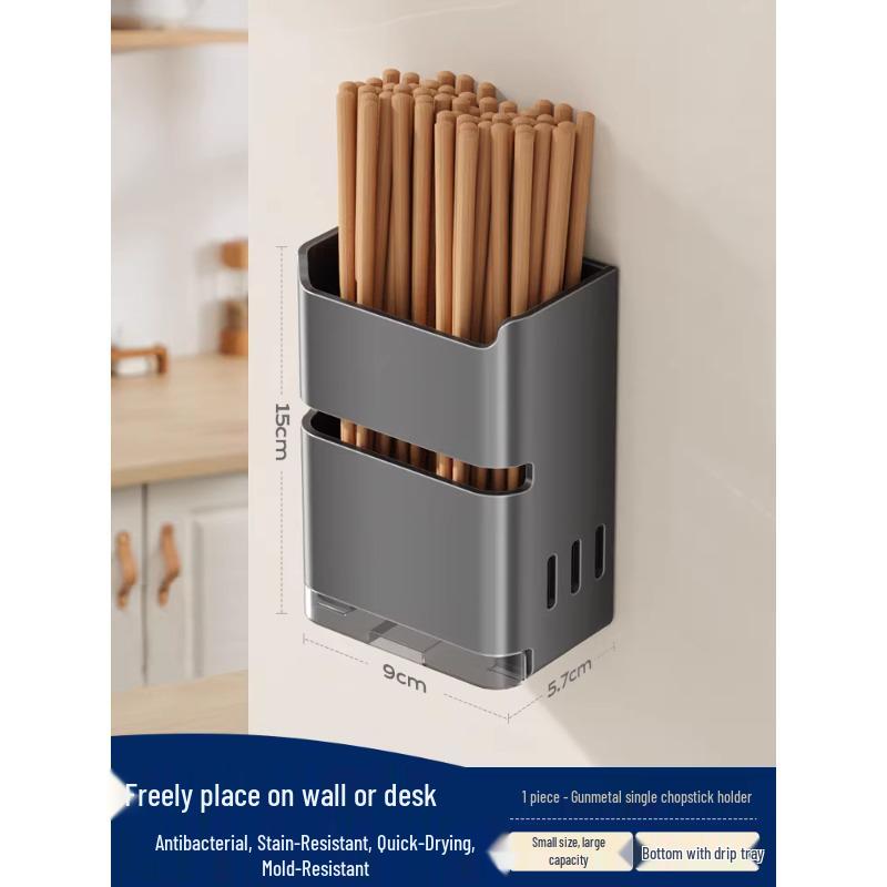 Wall-Mounted Kitchen Chopsticks & Utensil Holder with Draining Basket and Rag Rack