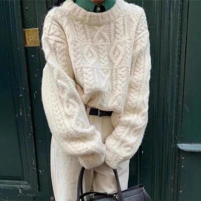 Sweter z grubym splotem, z grubej włóczki, skręcany, odzież wierzchnia damska, jesień zima, nowy styl, styl retro, luźny, z okrągłym dekoltem, top dzianinowy