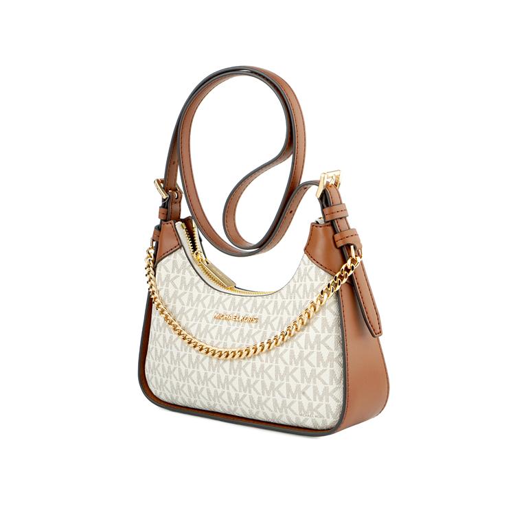 Michael Kors Mk Wilma Classic Monogram Logo Chain Zip Closure Coated Canvas Crossbody Bag Small Women Crossbody Bag Vanilla Brown 35H3G3WC5B-VANILLA