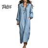 Dames lentejurken Ruches V-hals Lange jurk, Losse pasvorm Casual Midi Effen kleur Jurk Mouwen voor Herfst Vloeiend