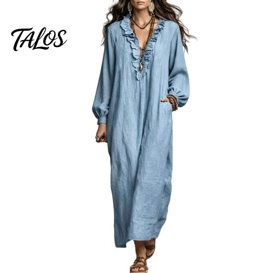 Dames lentejurken Ruches V-hals Lange jurk, Losse pasvorm Casual Midi Effen kleur Jurk Mouwen voor Herfst Vloeiend