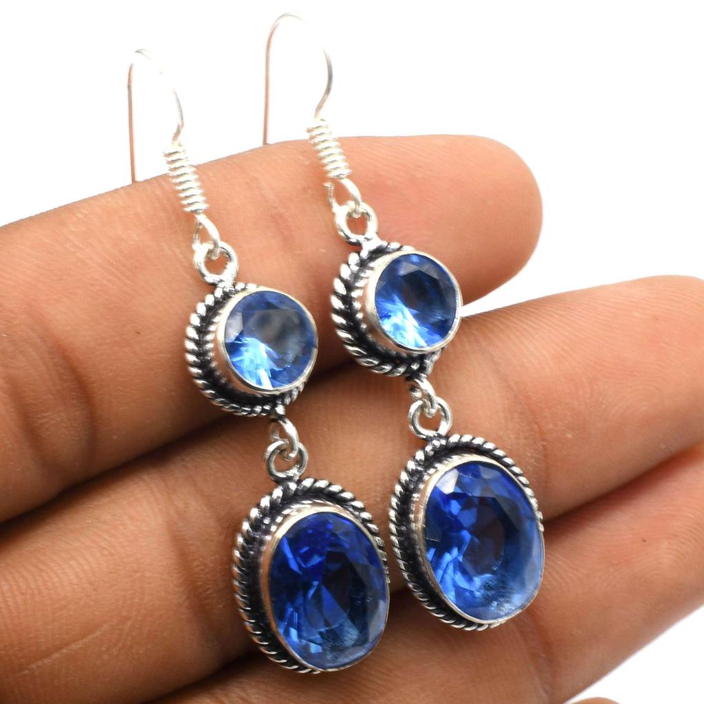 Blue Topaz Gemstone Ethnic Handmade Drop Dengle Earring Jewelry ER 006