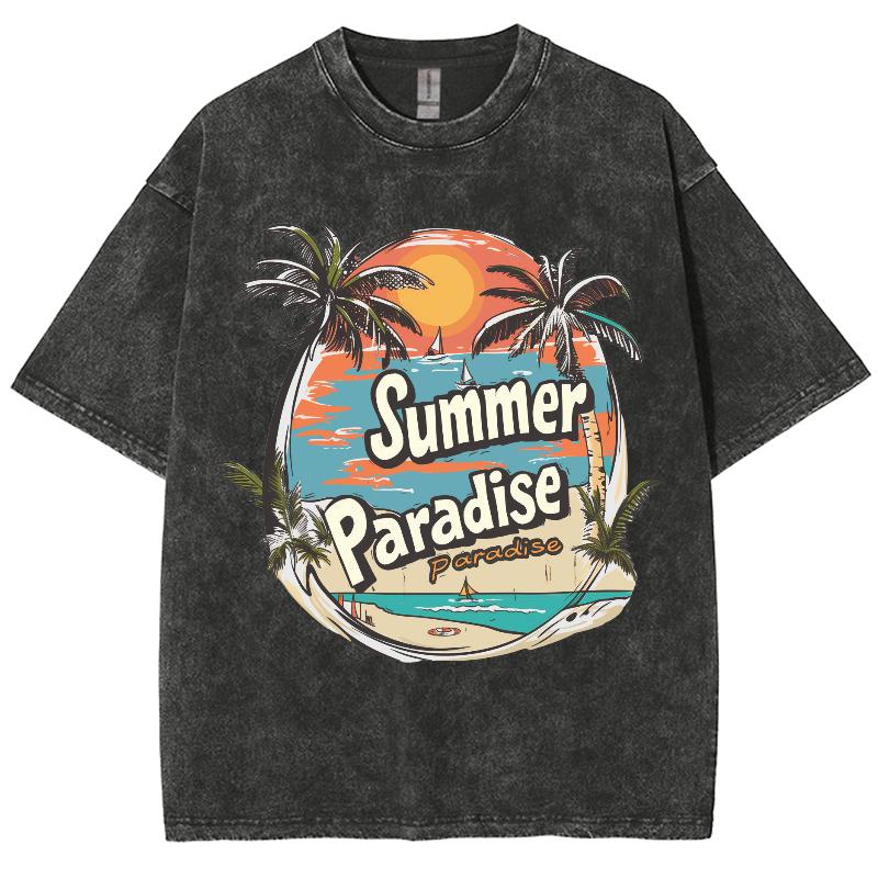 Coconut Tree Landscape Print Washed Denim Women's T-Shirt Pink Loose Extra Large Sleeve Casual Trend Street Top