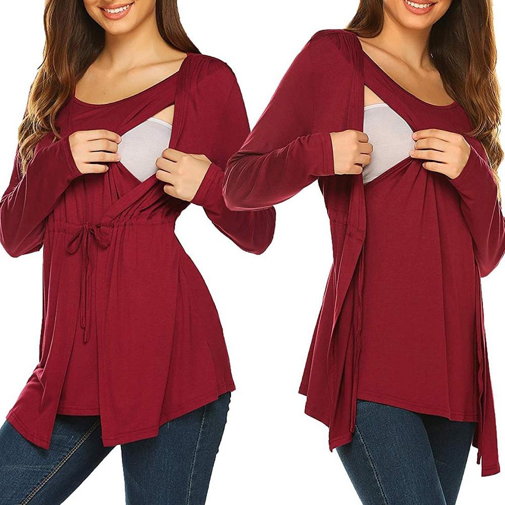 Femmes maternité grossesse à manches longues Double couche hauts d'allaitement T-shirt pour l'allaitement