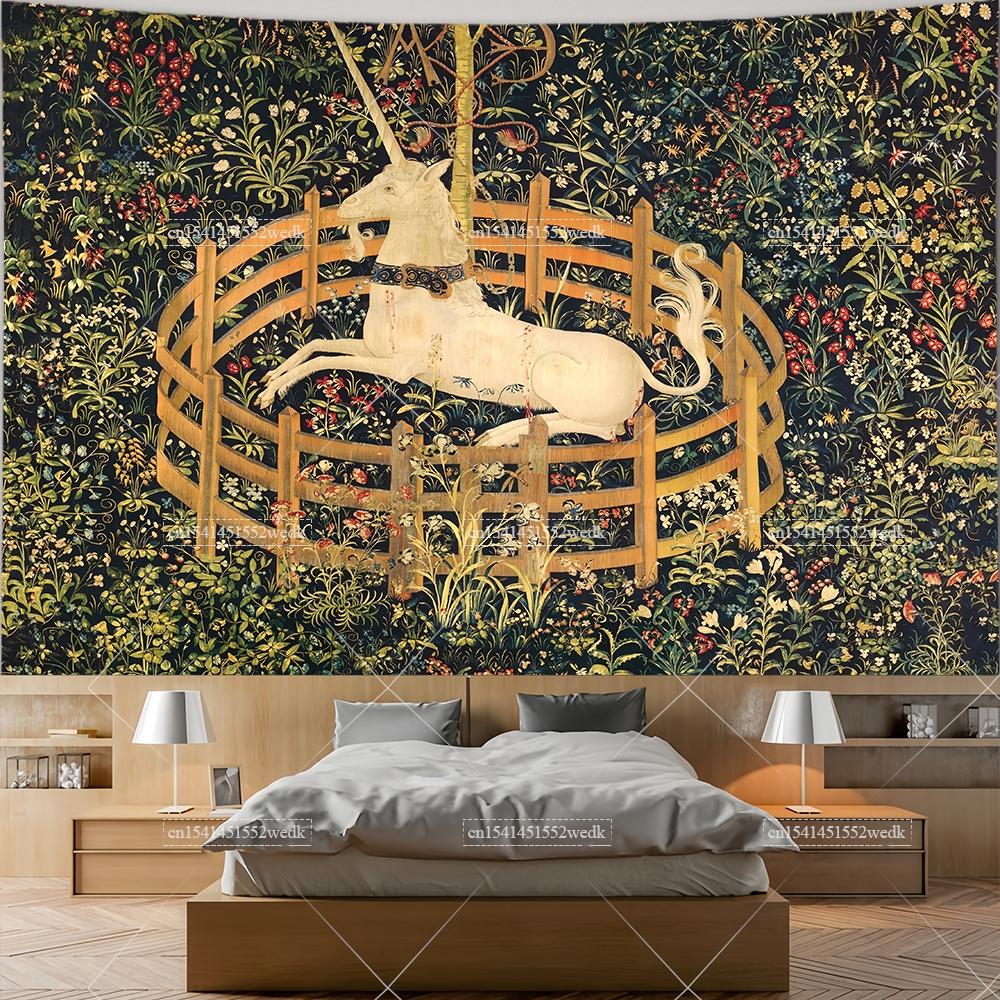 

Unicorn In Captivity Medieval Tapestry Celestial Lunar Sun Moon Tarot Tapestrys Wall Art Aesthetic Room Decor Background Cloths 95x73cm