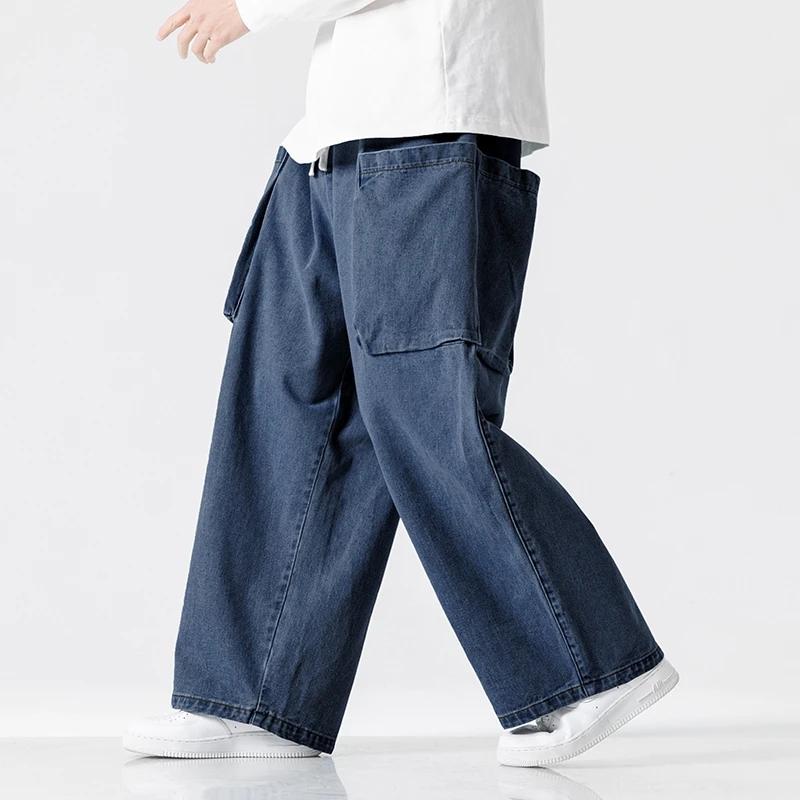 Autumn Fashion Denim Pants Men Loose Wide Leg Pants Men Vintage Streetwear Cargo Pants Male Hip Hop Big Pocket Jean Trousers