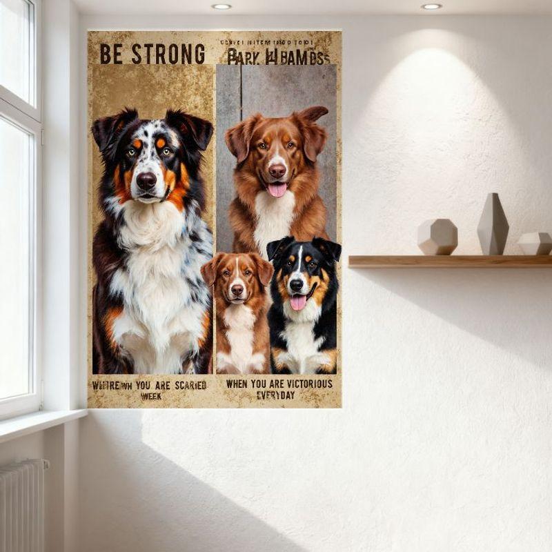 Motivational Vintage Dog Metal Tin Sign, 'BE STRONG' & Inspirational Quotes with 4 Dogs, Earthy Tone Retro Plaque for Home Man C