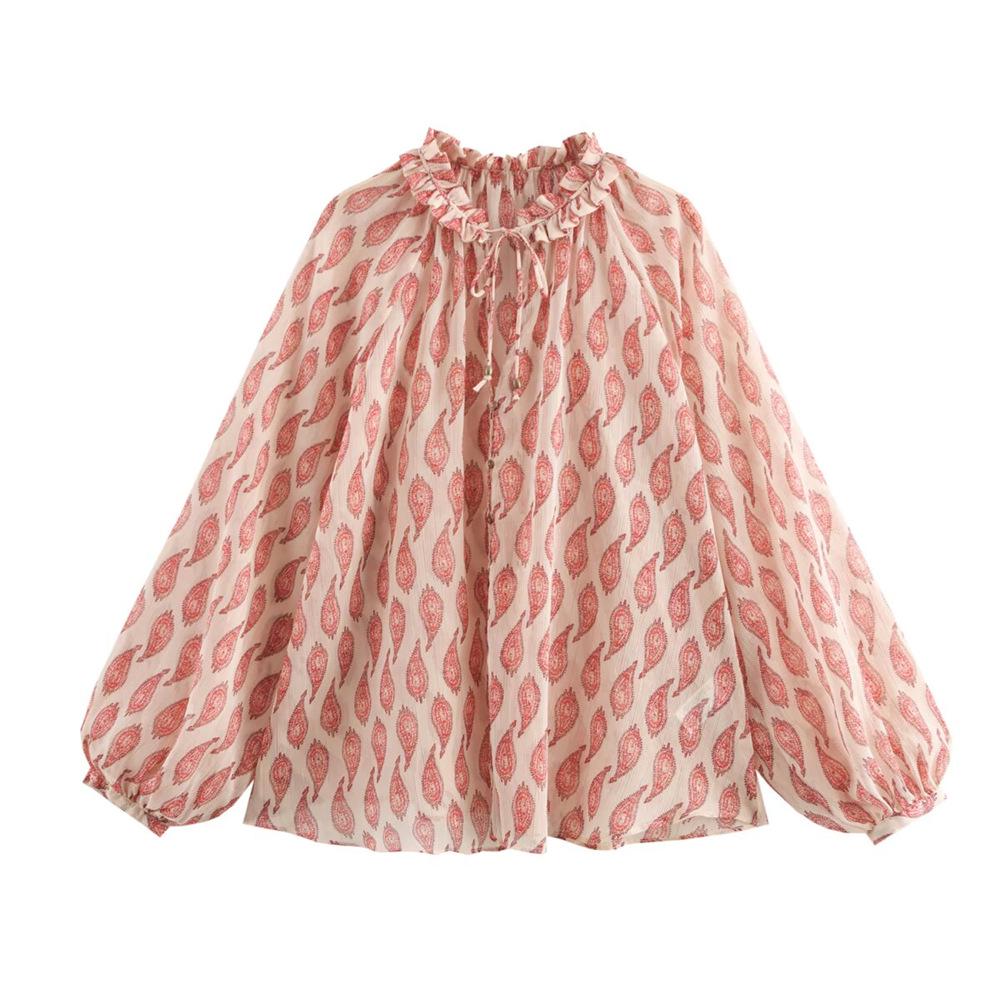 

2025 Spring Women s Metallic Thread Print Loose Fit Blouse S