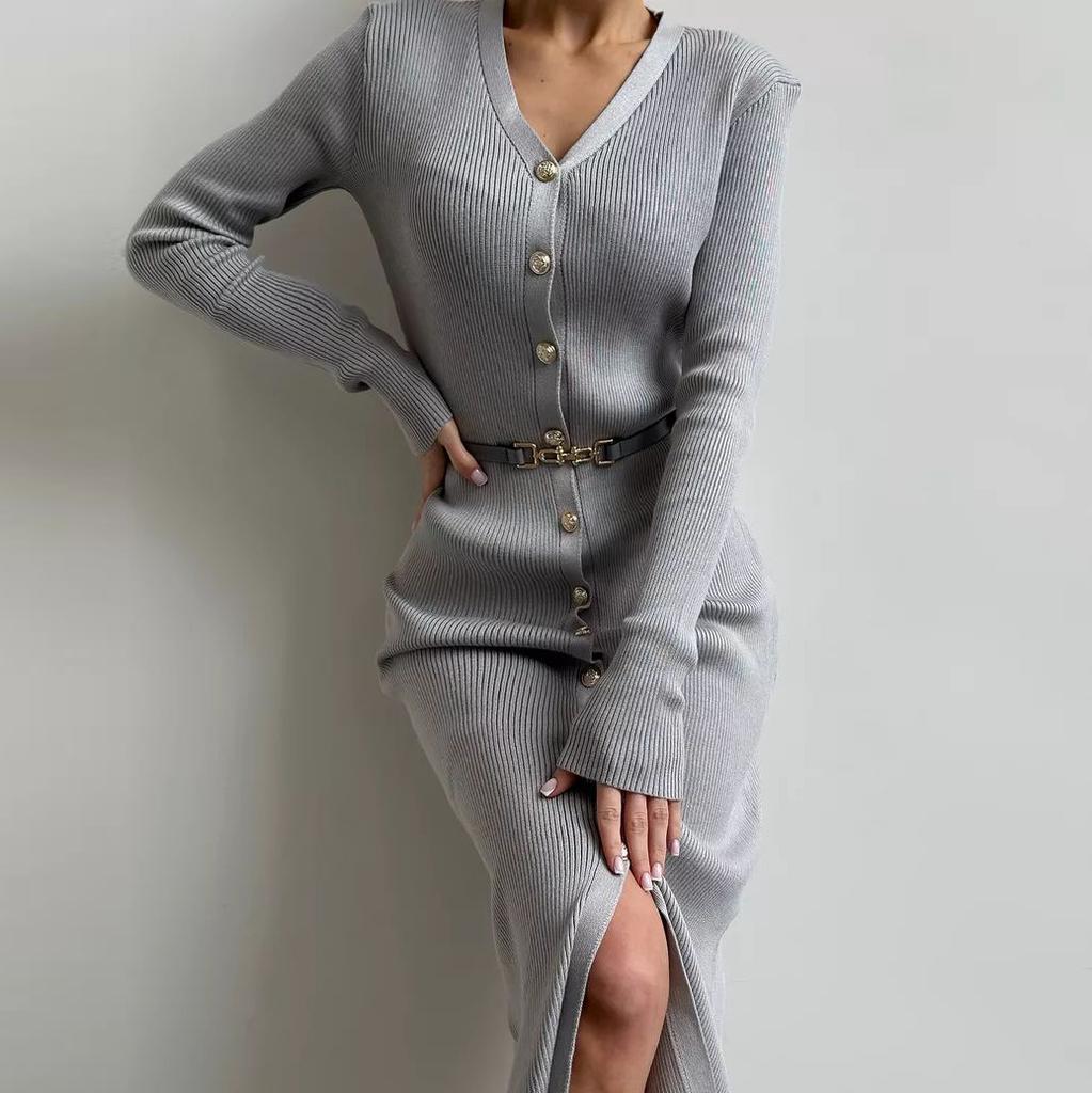 Women's V-Neck Knit Dress with Metal Buttons and Waist Belt, Side Slit, Casual Elegant Long Sleeve Sweater Dress