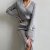 Women's V-Neck Knit Dress with Metal Buttons and Waist Belt, Side Slit, Casual Elegant Long Sleeve Sweater Dress