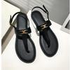 Fashion Women's Luxury T-Strap Sandals 2025 Summer New Designer Brand Pu Leather Flat Shoes Metal Decoration Slippers Zapatos De Mujer