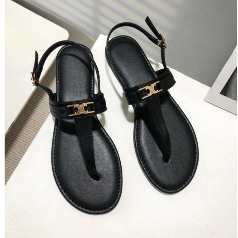 Fashion Women's Luxury T-Strap Sandals 2025 Summer New Designer Brand Pu Leather Flat Shoes Metal Decoration Slippers Zapatos De Mujer