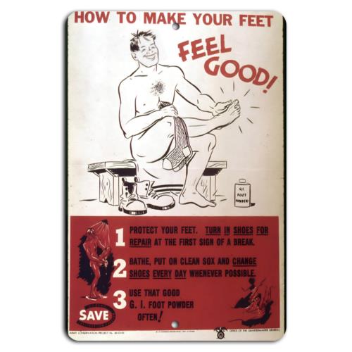

Vintage WWII GI Foot Care Sign Feel Good TipsAluminumtin sign 20x30cm（7.8x11.8inch）