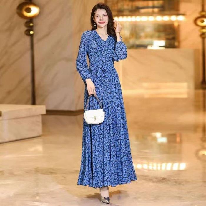 

Chic Printed Long Dress for Women - Slimming, Elegant, & Waist-Cinching for Spring, Summer, Autumn. M синій
