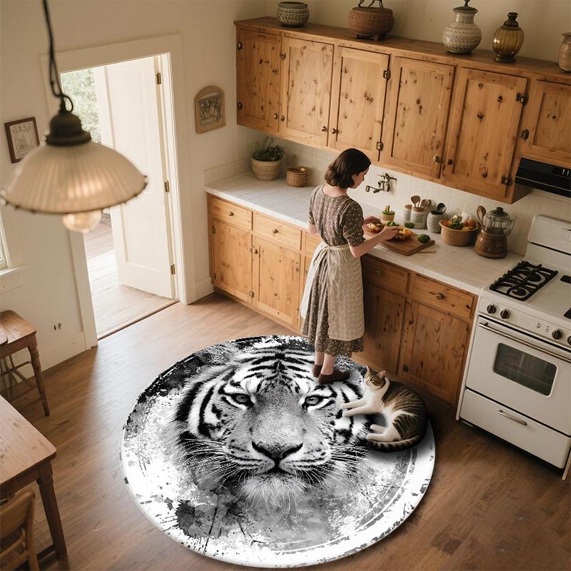 Black and White Ink Tiger Round Area Rug,Carpet Rug for Living Room Bedroom Sofa Playroom Decor,Non-slip Floor Mat