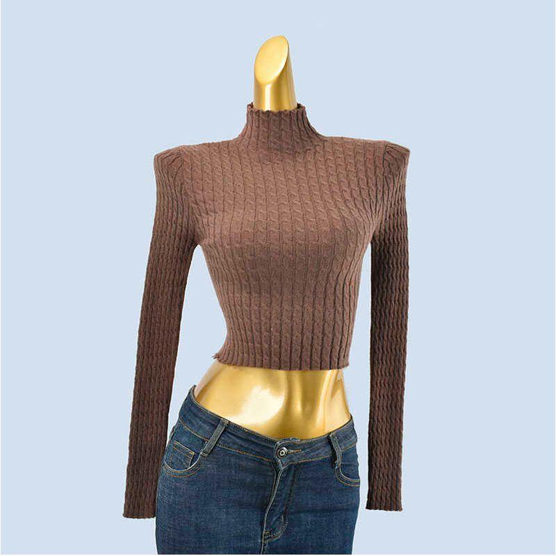 High-Grade Knit Women Half-high Collar Base Inner wear Spring and Autumn Twist Sweater Slim fit Sunken Stripe High Waist Short