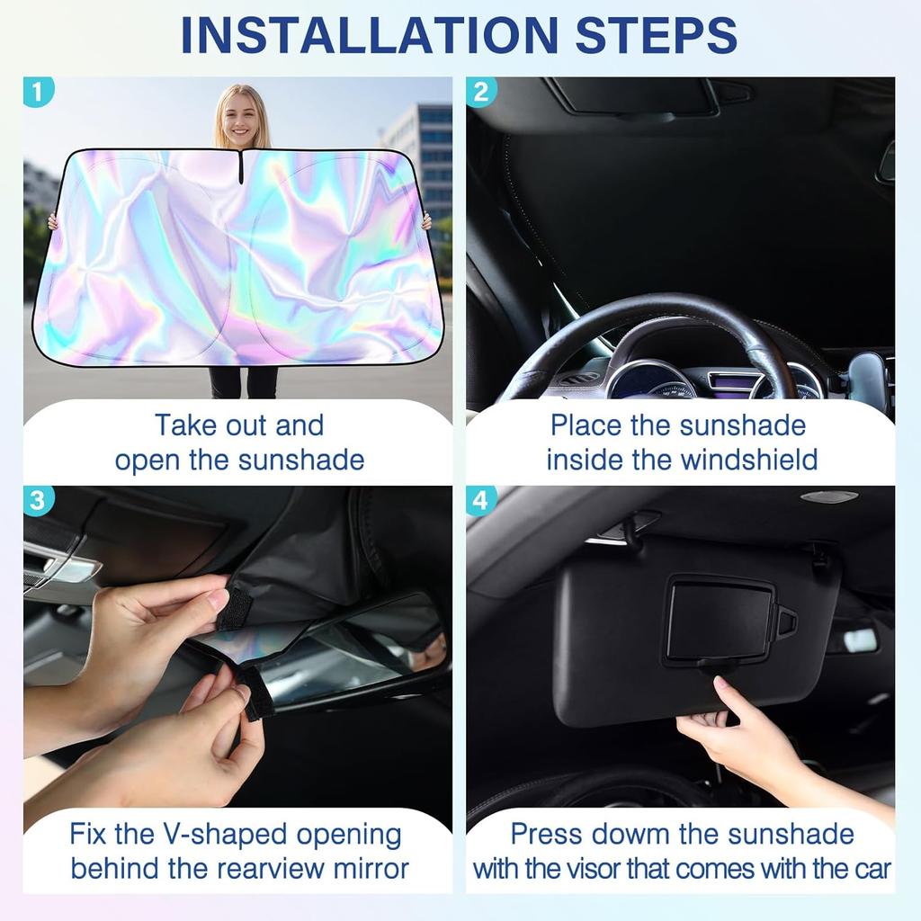 Iridescent Sun Shade for Car Windshield, Foldable Universal Car Windshield Upgrade Sunshade Enhanced UV Rays Reflective Sun Visor Shade Keeps Vehicle