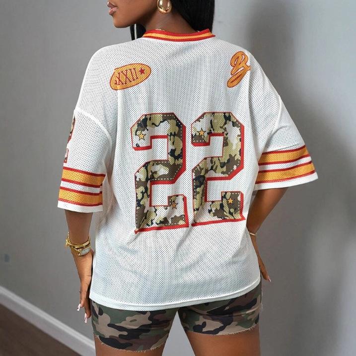 Women's V Neck Mesh Short Sleeve Jersey T-Shirt Loose Streetwear Camo Number Graphic Print Oversized Football Tee