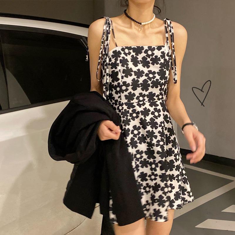 Floral suspender skirt Spice girl pure desire wind waist short-sleeved t-shirt dress children summer
