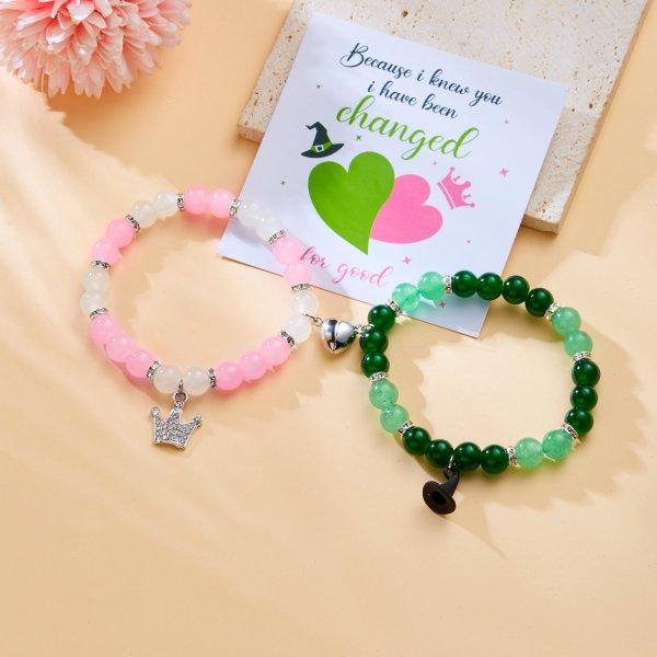 2pcs Magic Stick Hat Crown Matching Bracelets for Women Sweet Pink Green Bead Handmade Stretch Bracelet BFF Jewelry Gifts