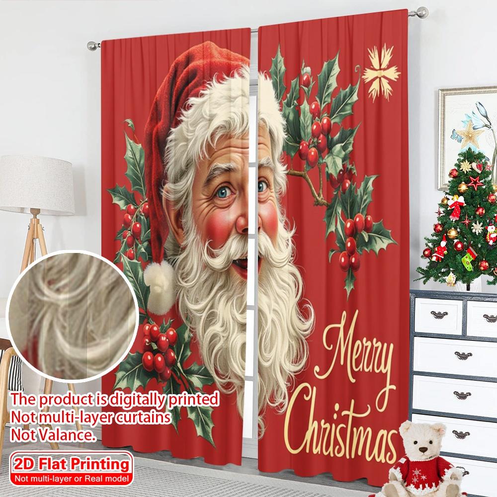 2pcs 2D Flat Printing Merry Christmas Curtains Merry Christmas Santa Claus_c Polyester Without Electricity Spring for Entryway
