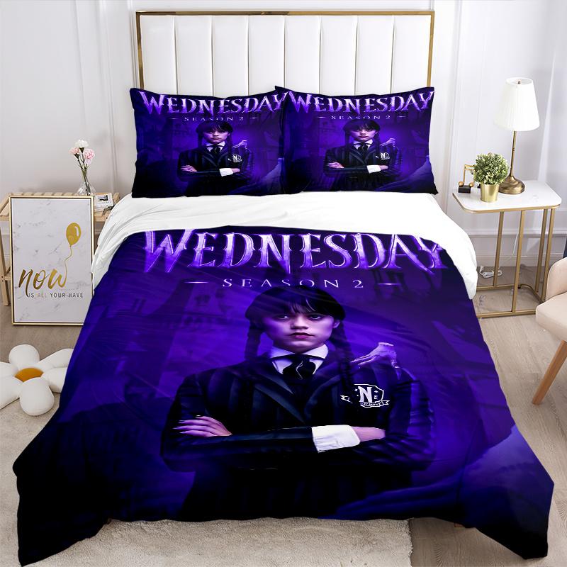 3-teiliges bedrucktes Steppdecken-Set Wednesday Addams - Enthält 1 Bettbezug und 2 Kissenbezüge, maschinenwaschbar - Geeignet für alle Jahreszeiten.H101