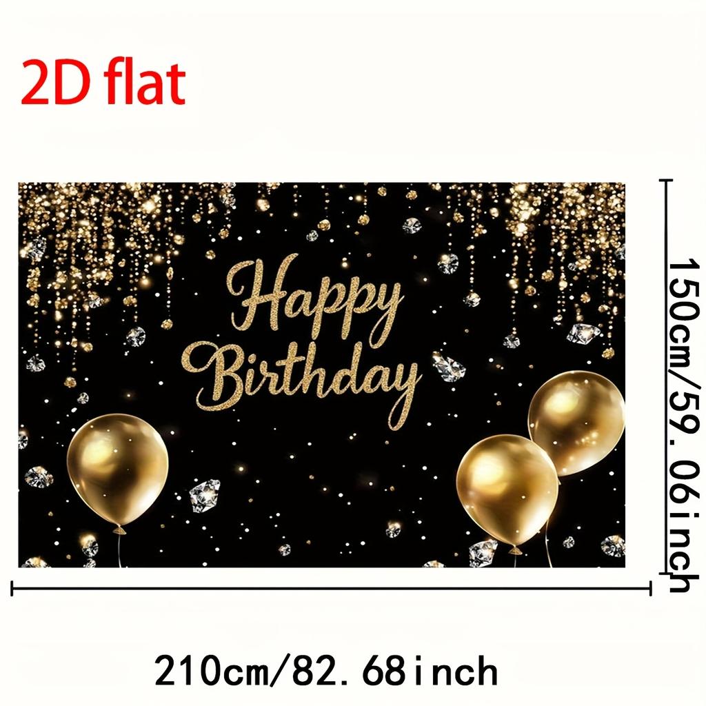 2D Flat 1 Luxurious Black Gold Happy Birthday Banner -2D Flat Polyester Fiber Photography Background