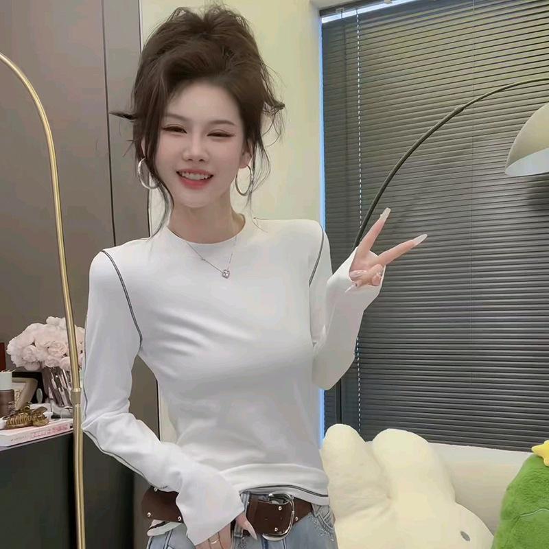 2025 Autumn/Winter Women's Stylish Round Neck Long Sleeve Plus Velvet T-shirt, Inner/Outer Base Layer