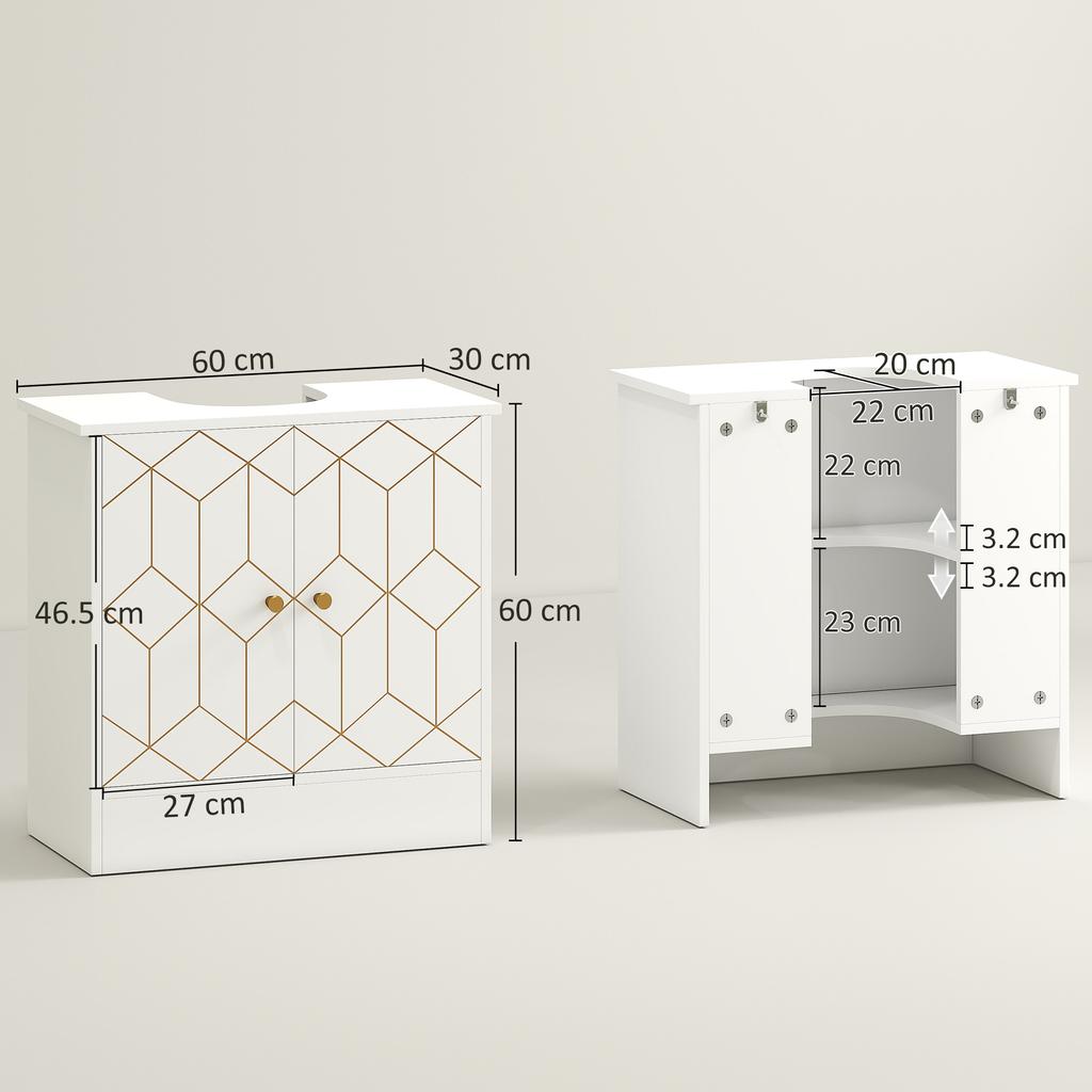 Under Sink Bathroom Cabinet, Under Sink Cabinet with Adjustable Shelf and Open Compartment for Basin with or without Pedestal, 60 x 30 x 60cm, White