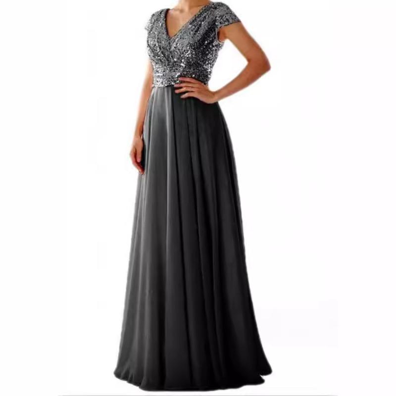 New spring and summer European and American women's sleeveless dress V-neck sequined temperament satin splicing evening dress
