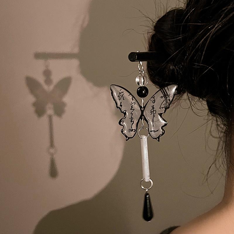 Retro Butterfly Hair Clips Chinese Style Calligraphy Butterfly Tassel Hairpin Women Wood Hair Sticks Chopstick Shaped Hairpin