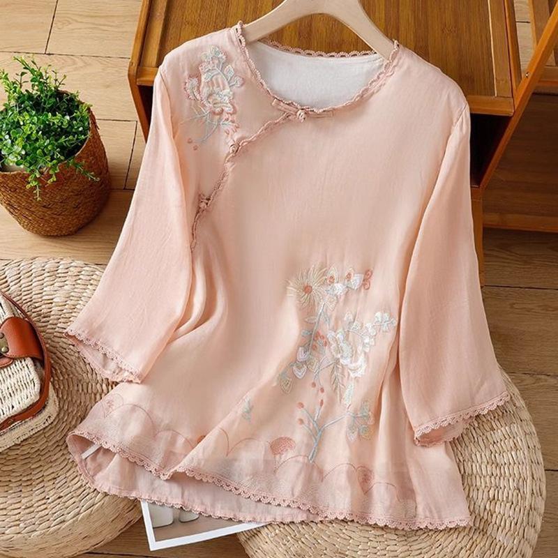 

Lace Round Neck Seven Quarter Sleeve Embroidery Summer Blouse Women Sweet Loose Shirts Ladies Retro T-shirt for Women Casual Office Tops 4XL