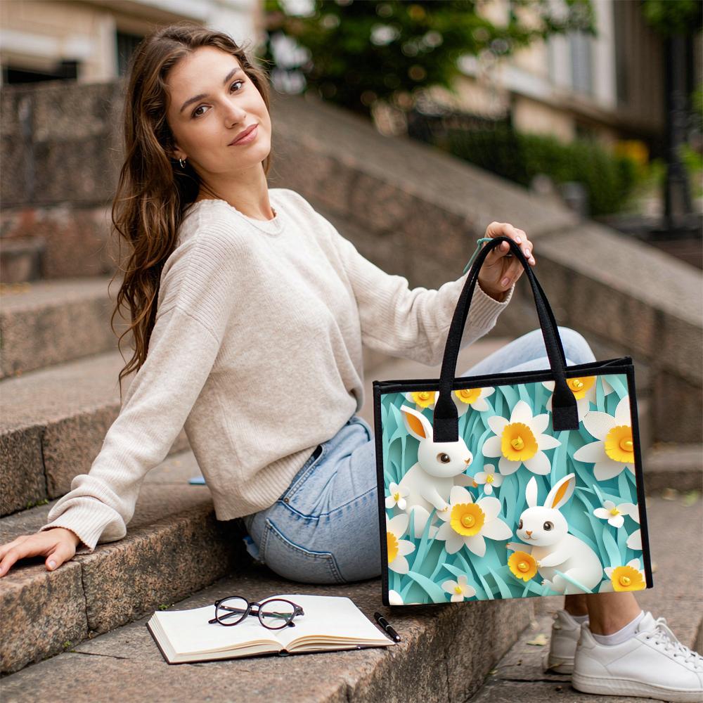 Cute Rabbit Floral Print Casual Tote Bag for Daily Outdoor Shopping Use