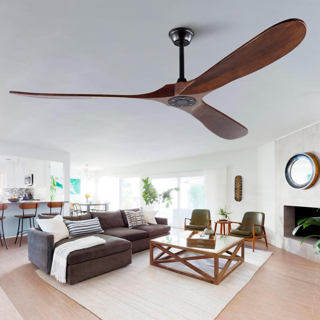 Ventilatore da soffitto da 70 pollici senza luce, Ventilatore da soffitto da esterno in legno color noce, Extra large, Impermeabile, con asta di prolunga, Design moderno mid-century