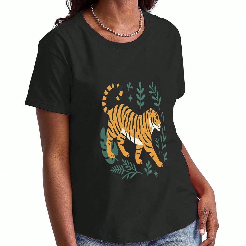 Tiger Graphic Ladies Pure Cotton T Shirt, Pure Cotton HighQuality Print, Durable, Casual Fashion, Tiger Illustration Tee, Wild Animal Style, Soft And