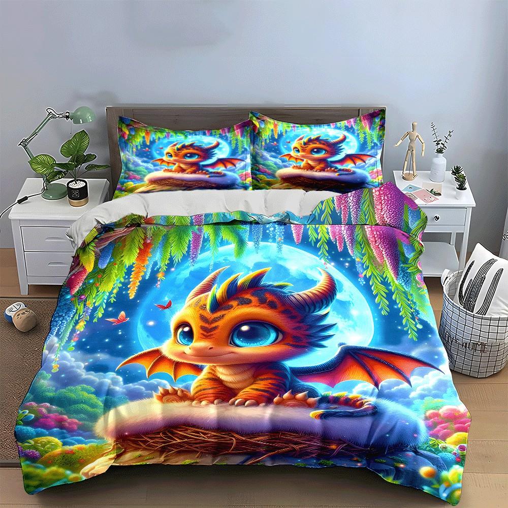 "Cozy Fantasy Dragon Trio Set" Exquisite Three-Piece Bedding Set Gift For Kids And Adults