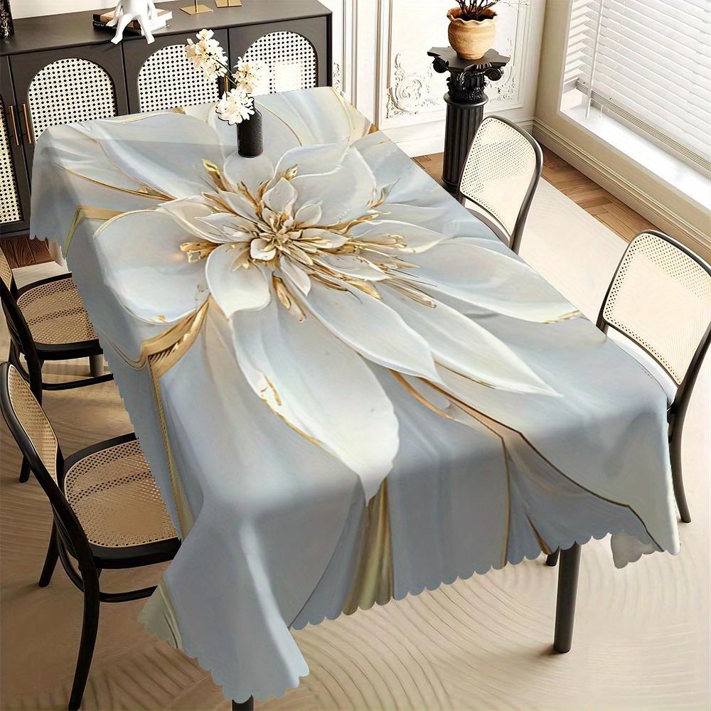 Elegante Witte Bloemenprint Tafelkleed met Gouden Accenten, Abstract Bloemenpatroon, Golvende Rand, voor Eetkamer & Bruiloftsdecoratie 140x140cm