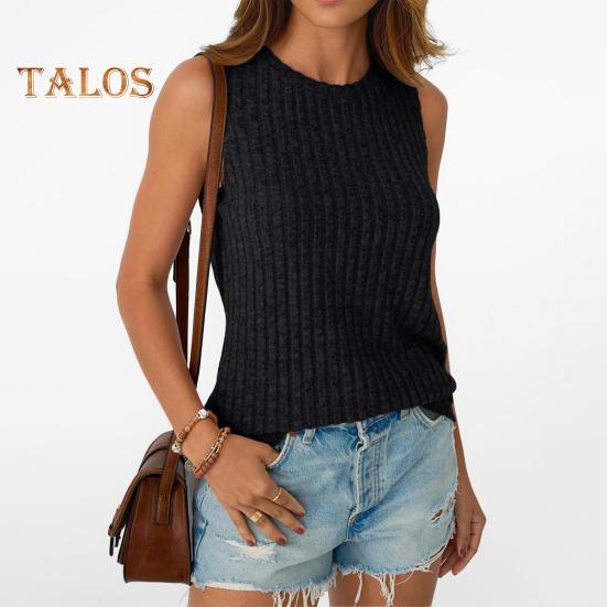 Women Tops Round Neck Sleeveless Slim Fit Knitted Tops Solid Color Elastic Ribbed Tank Tops Daily Wear