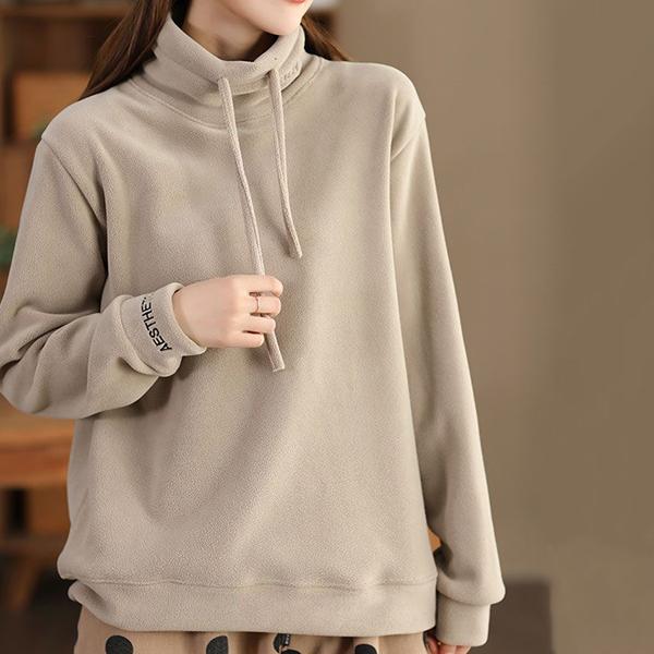 WTEMPO Soild Color Large Size High Collar Thick Drawstring Fleece Pullovers Women Autumn Winter Warm Long Sleeve Pullovers